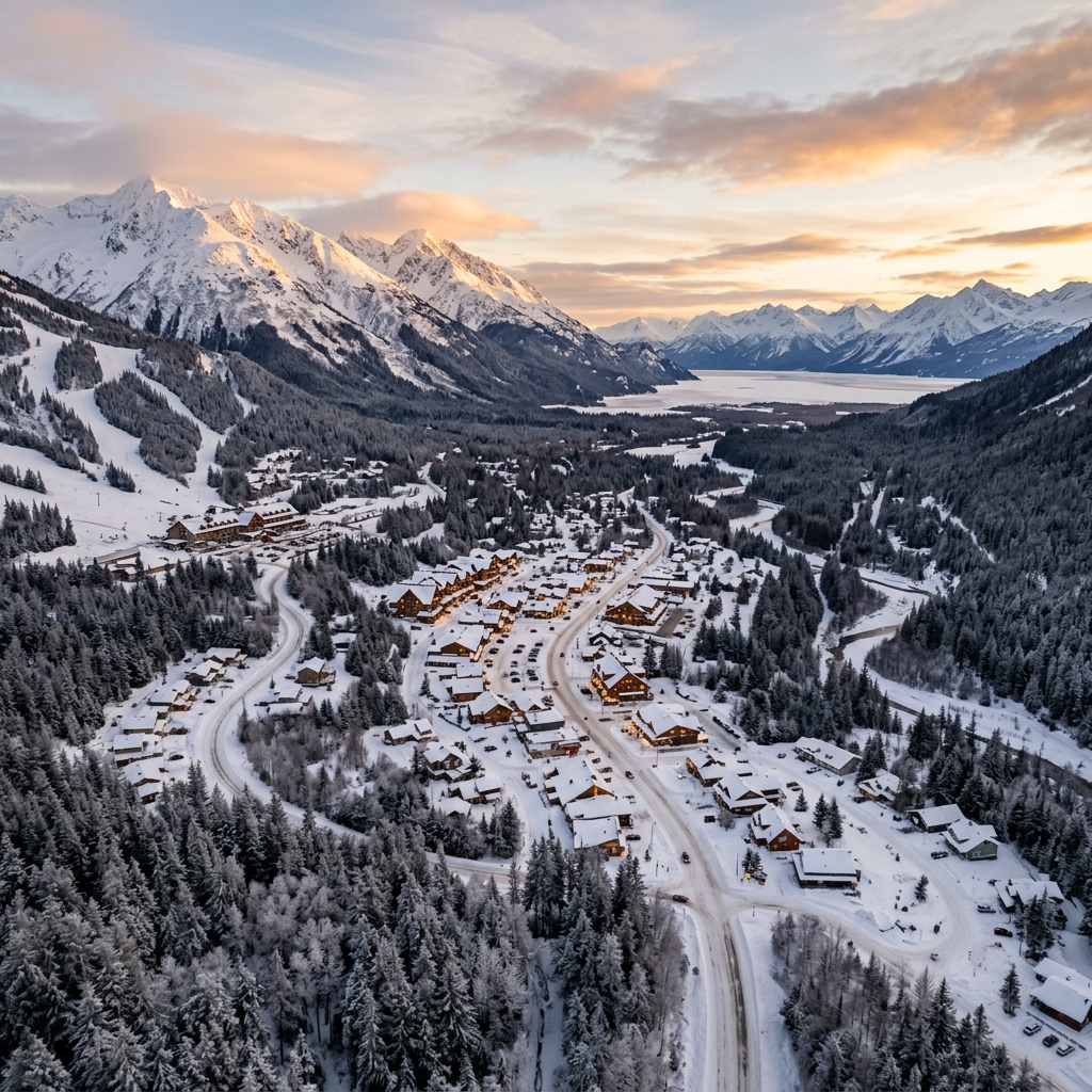 Aerial view of Girdwood and Chugach Mountains